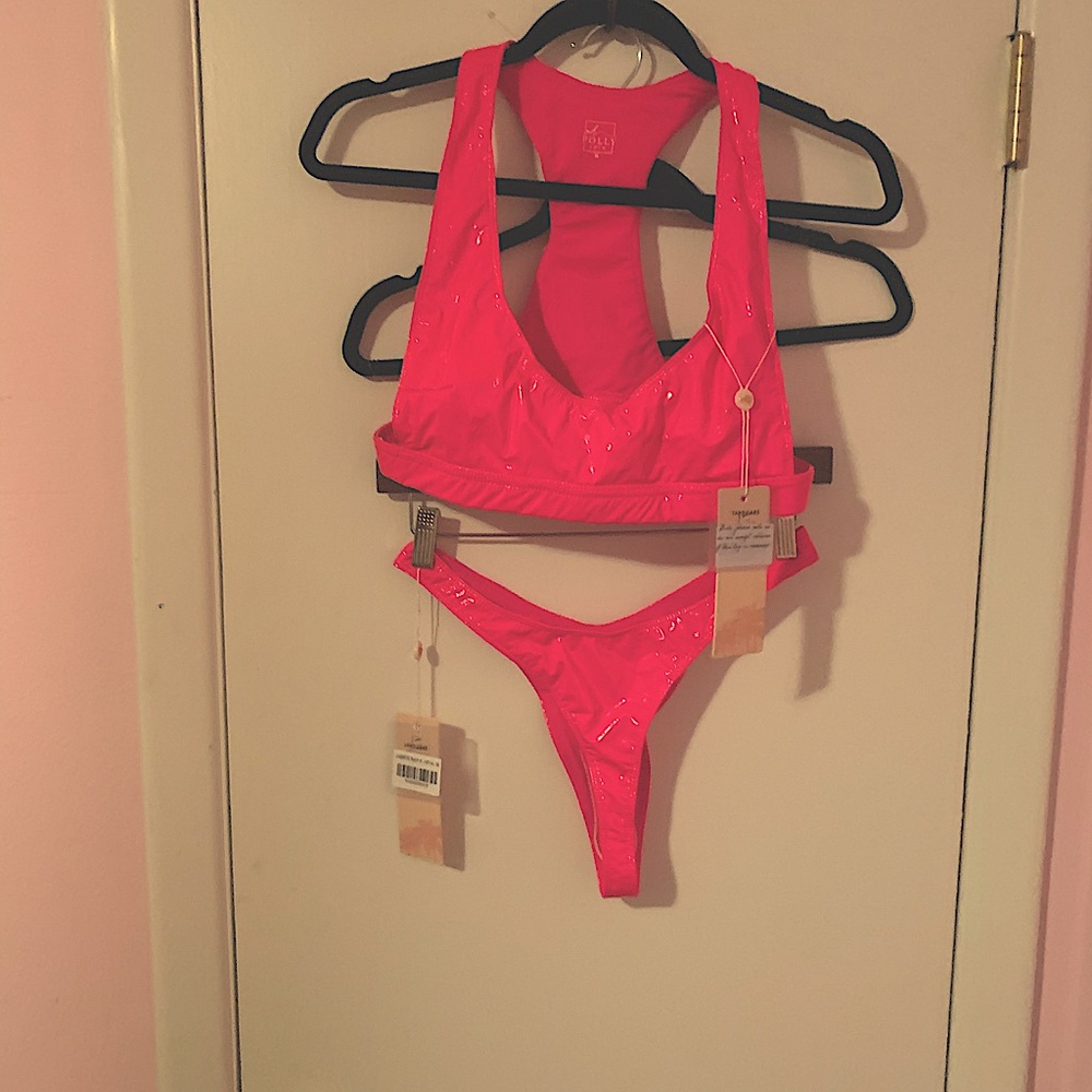 NEW HOT PINK LATEX OH POLLY CHEEKY BIKINI SET Medium